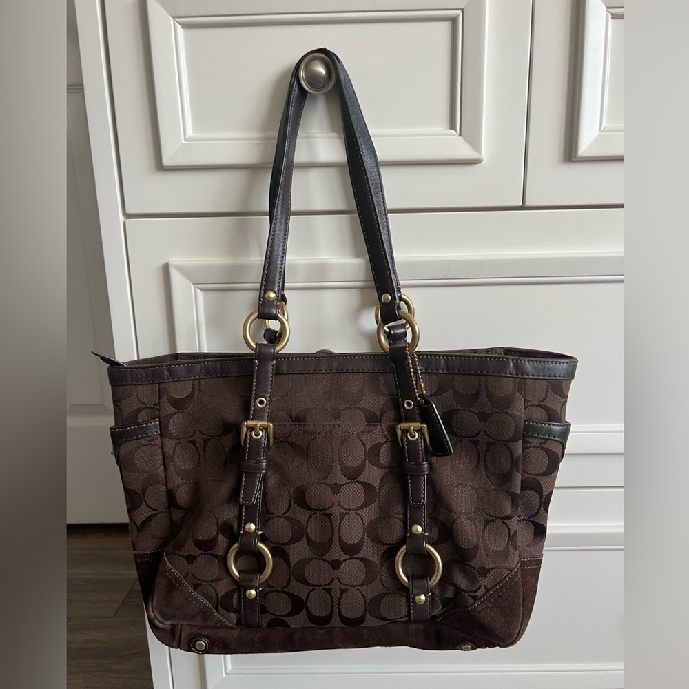 Coach Signature Gallery Brown Suede & Jacquard Shoulder Tote Handbag G060-10384